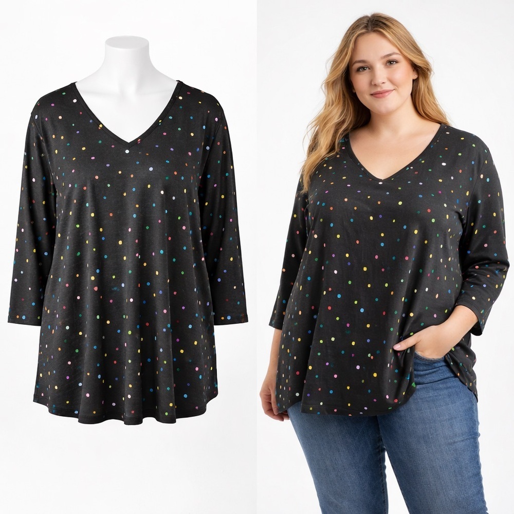 Ulla Popken Black Confetti Dot Tunic Top | 100% Cotton | 3/4 Sleeve | Size 16/18